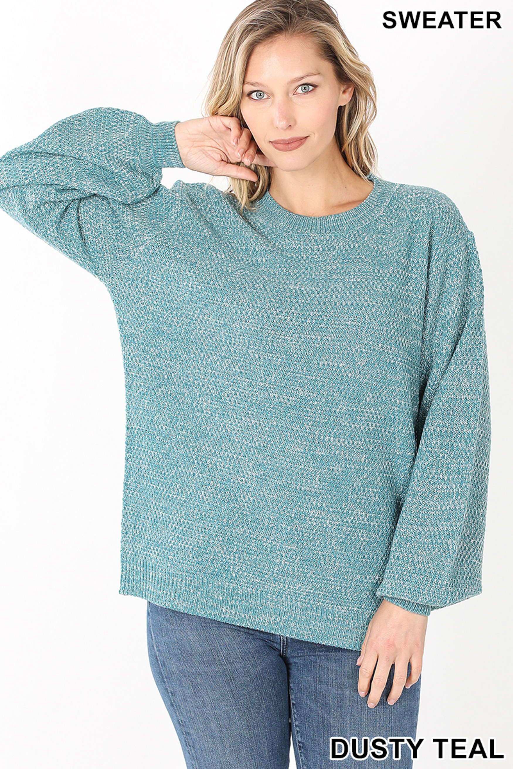 Front image of Dusty Teal Balloon Sleeve Melange Sweater