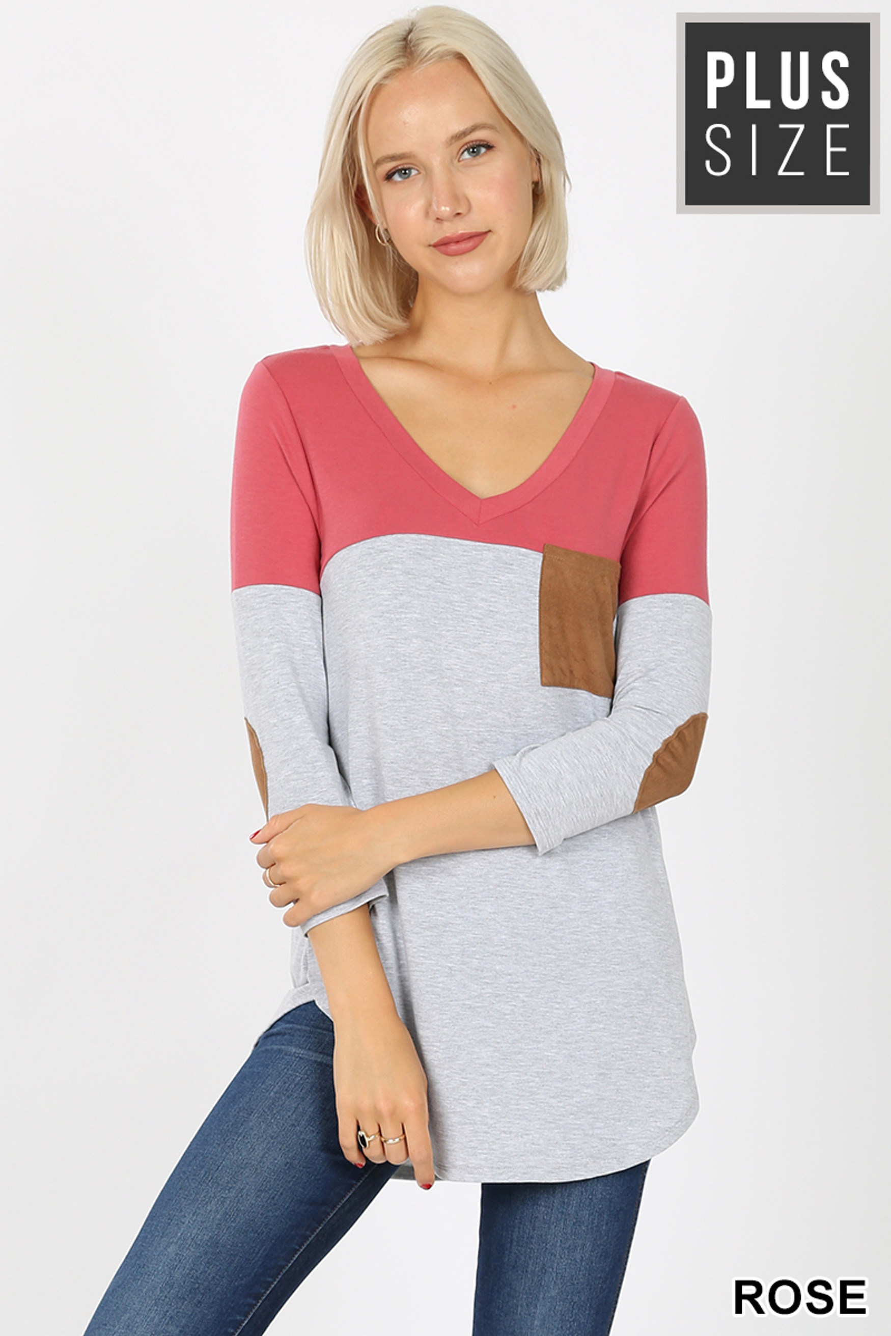 Front of Rose Color Block V-Neck 3/4 Sleeve Plus Size Top with Front Pocket