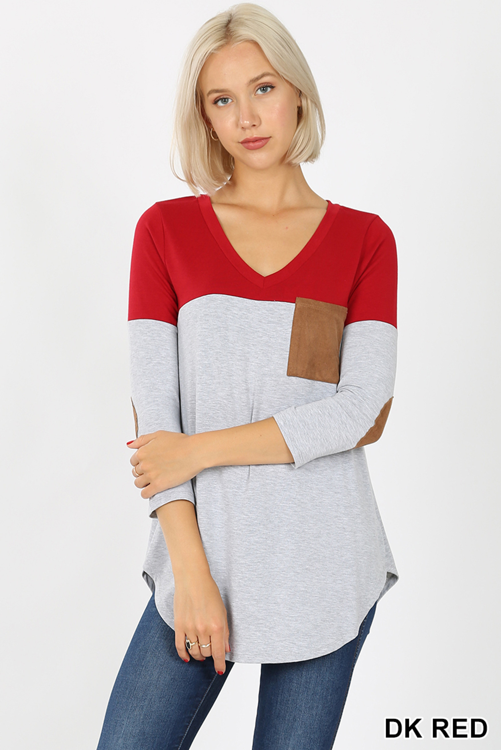 Front view of Dk Red Color Block V-Neck 3/4 Sleeve Top with Front Pocket