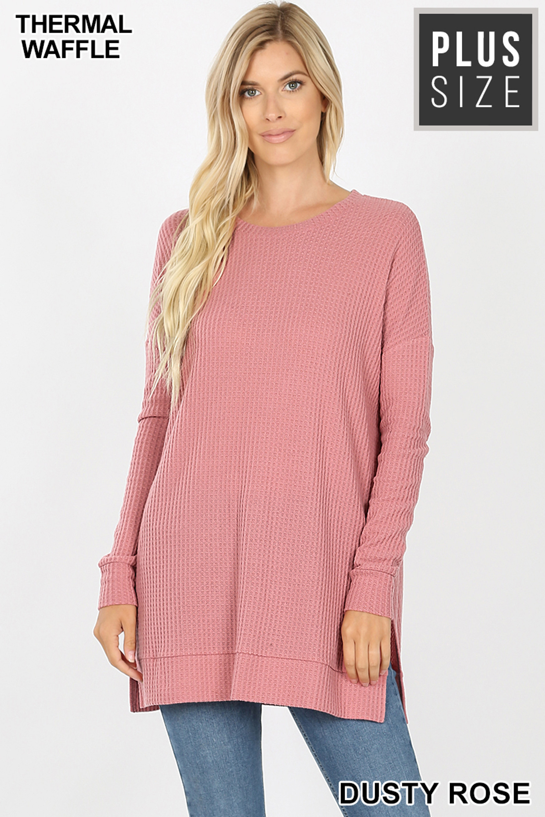 Front image of Dusty Rose Brushed Thermal Waffle Knit Round Neck Plus Size Sweater