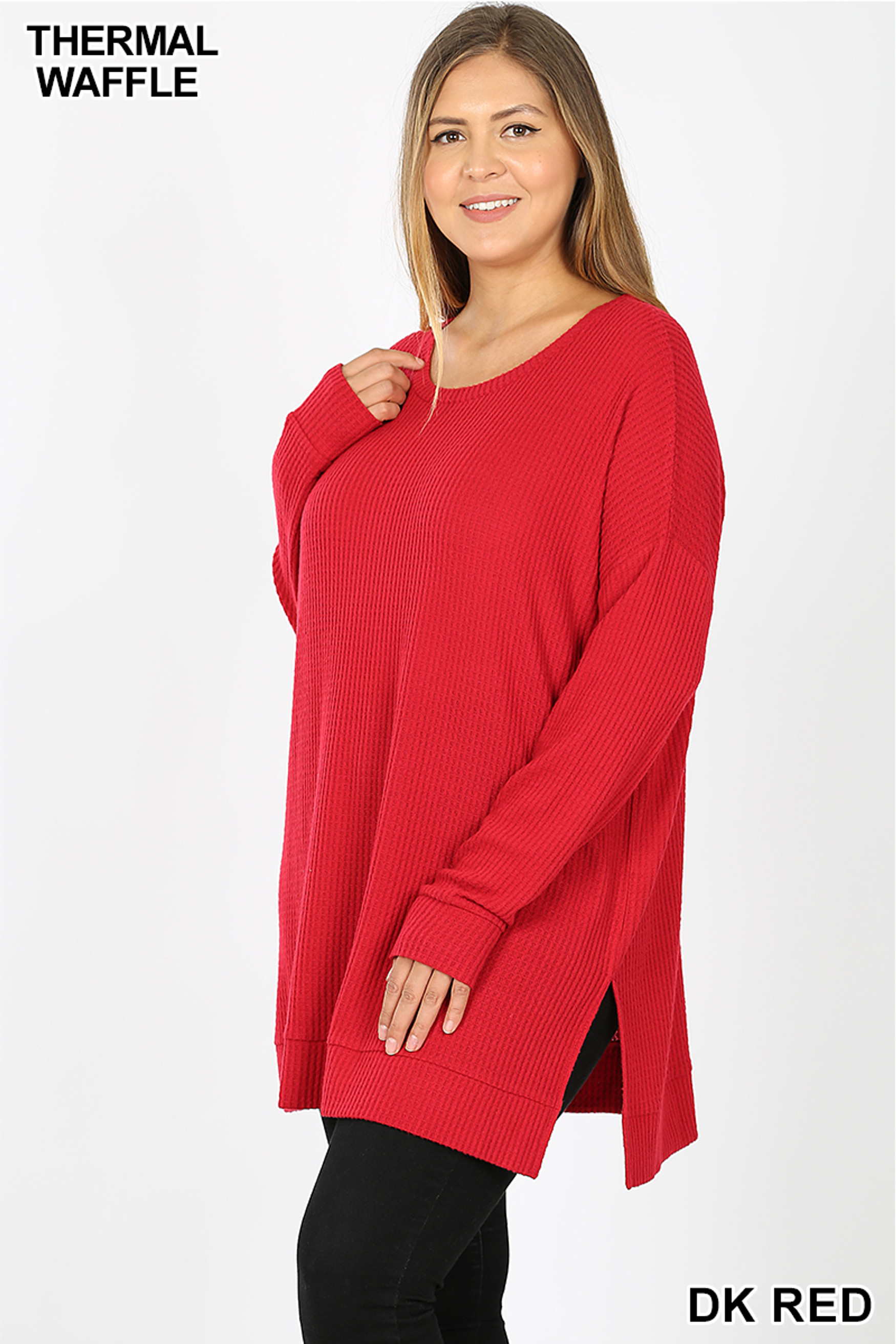 Left side image of  Dk Red Brushed Thermal Waffle Knit Round Neck Plus Size Sweater