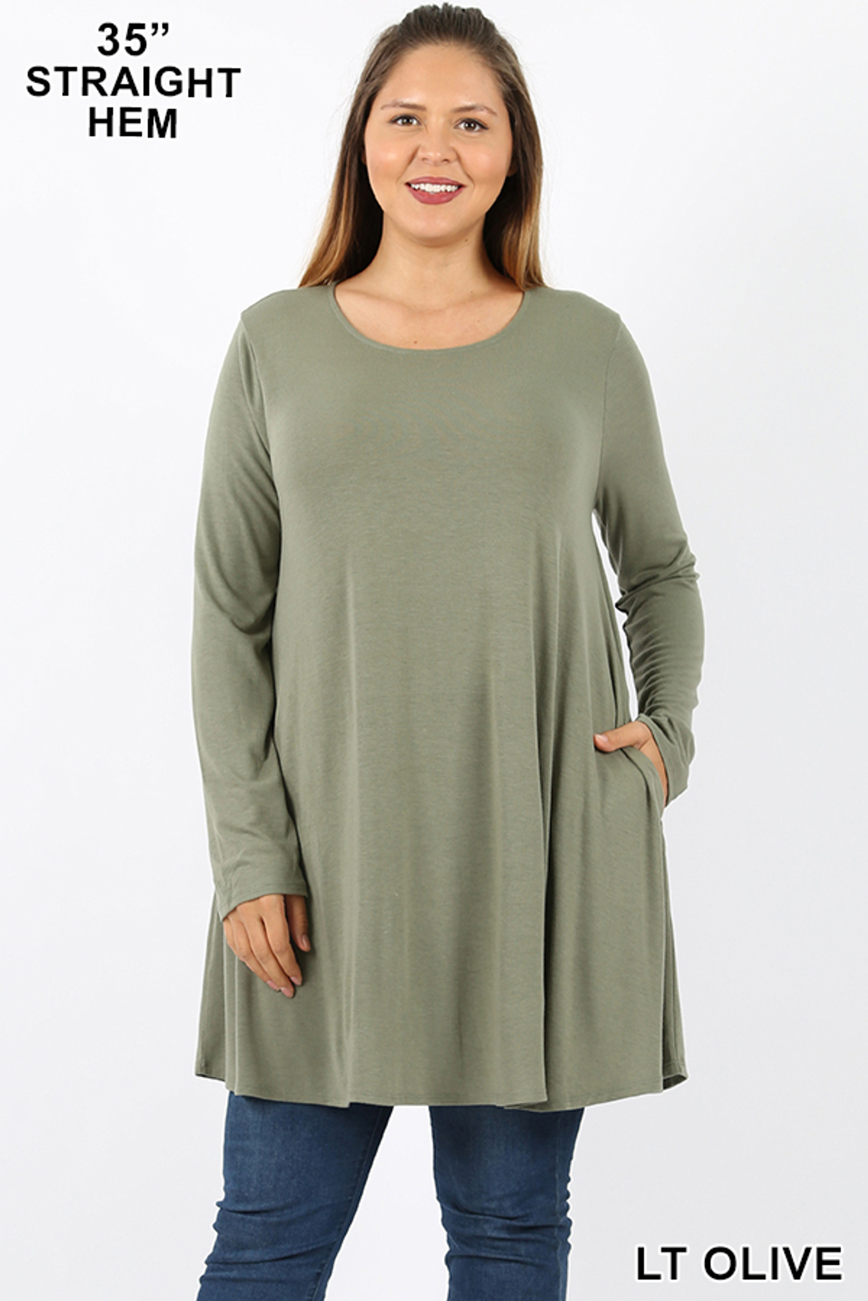 Front of Lt Olive Long Sleeve Plus Size Swing Tunic with Pockets