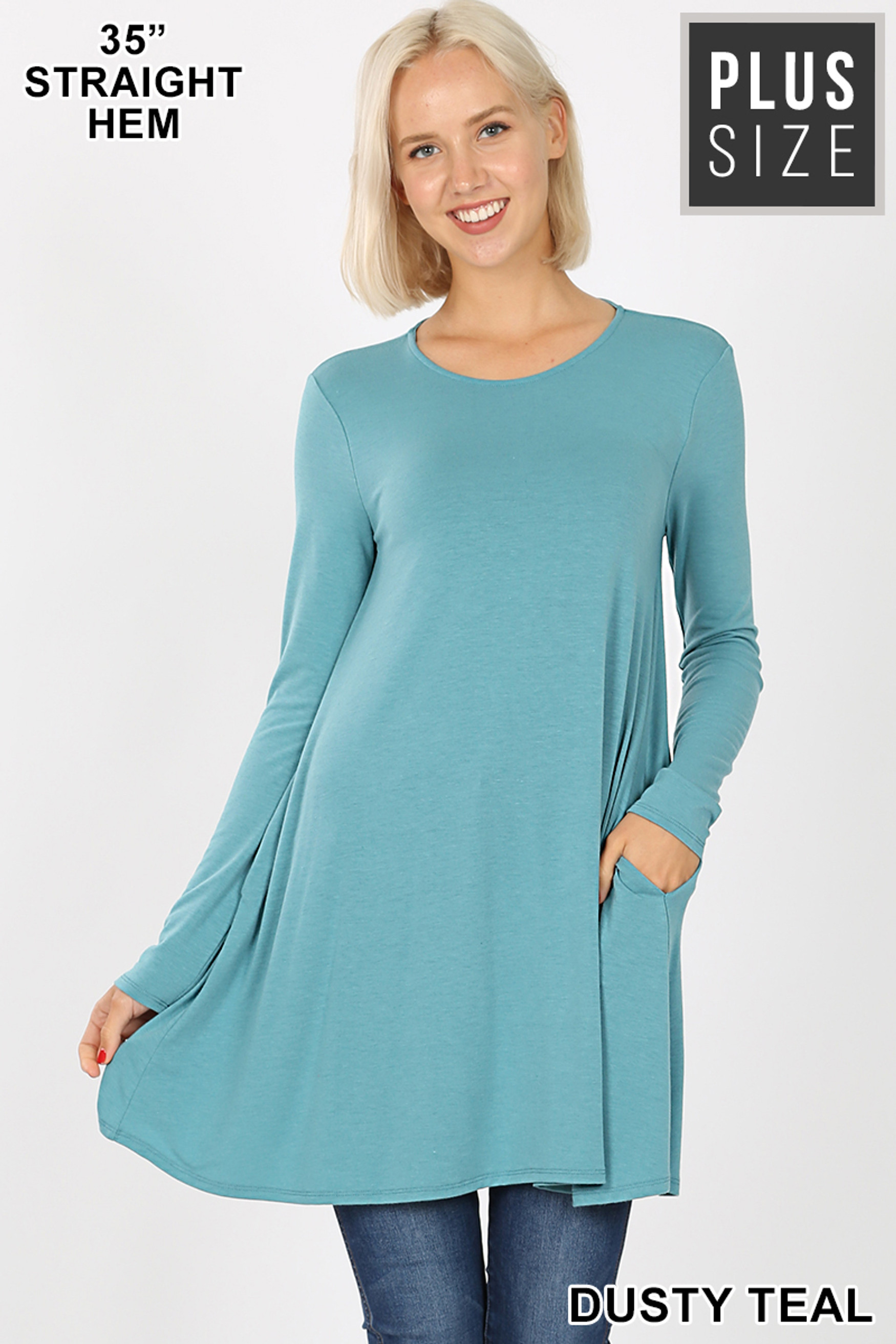 Front of Dusty Teal Long Sleeve Plus Size Swing Tunic with Pockets