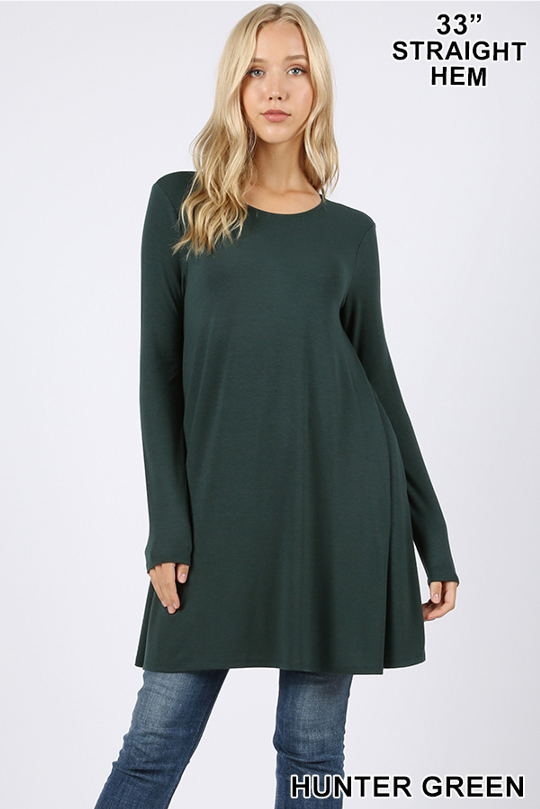 Front of Hunter Green Long Sleeve Swing Tunic with Pockets