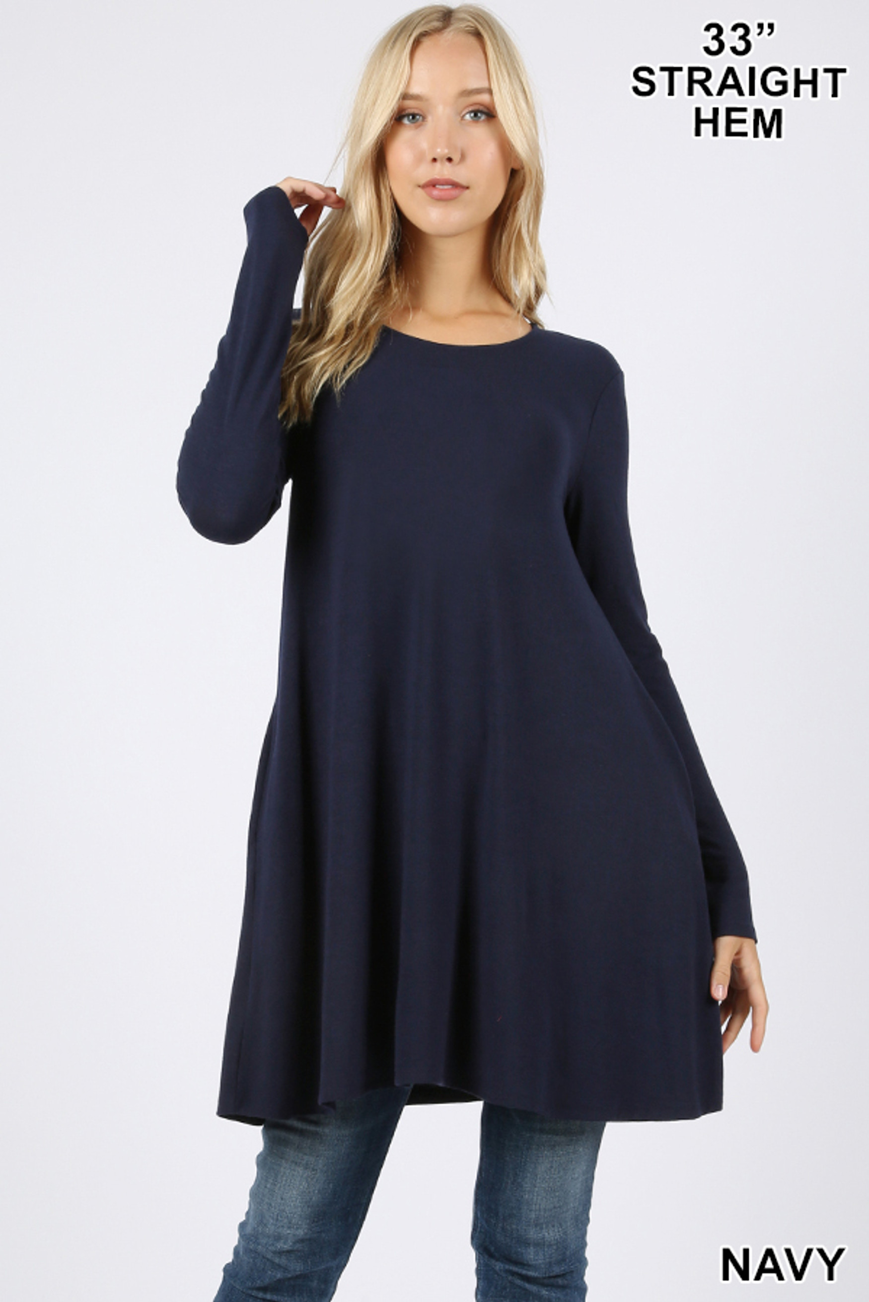 Front of Navy Long Sleeve Swing Tunic with Pockets