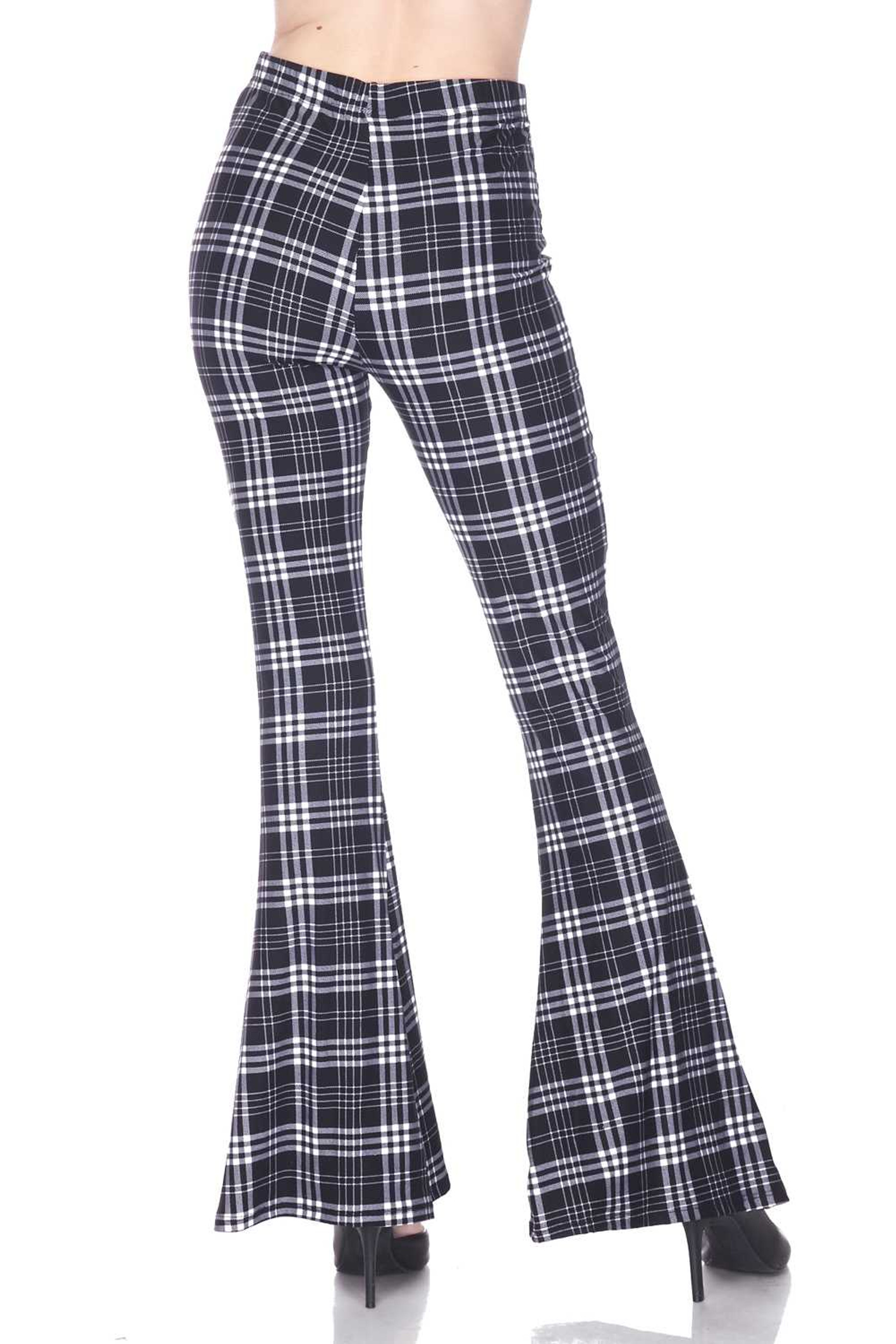 Buttery Smooth Traditional Black and White Plaid Bell Bottom Leggings