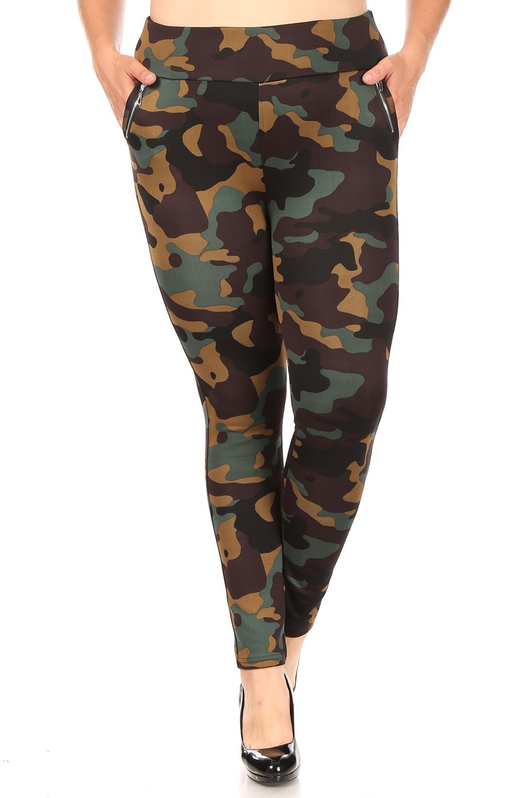 Brown Camouflage High Waisted Plus Size Treggings with Zipper Accent Pockets
