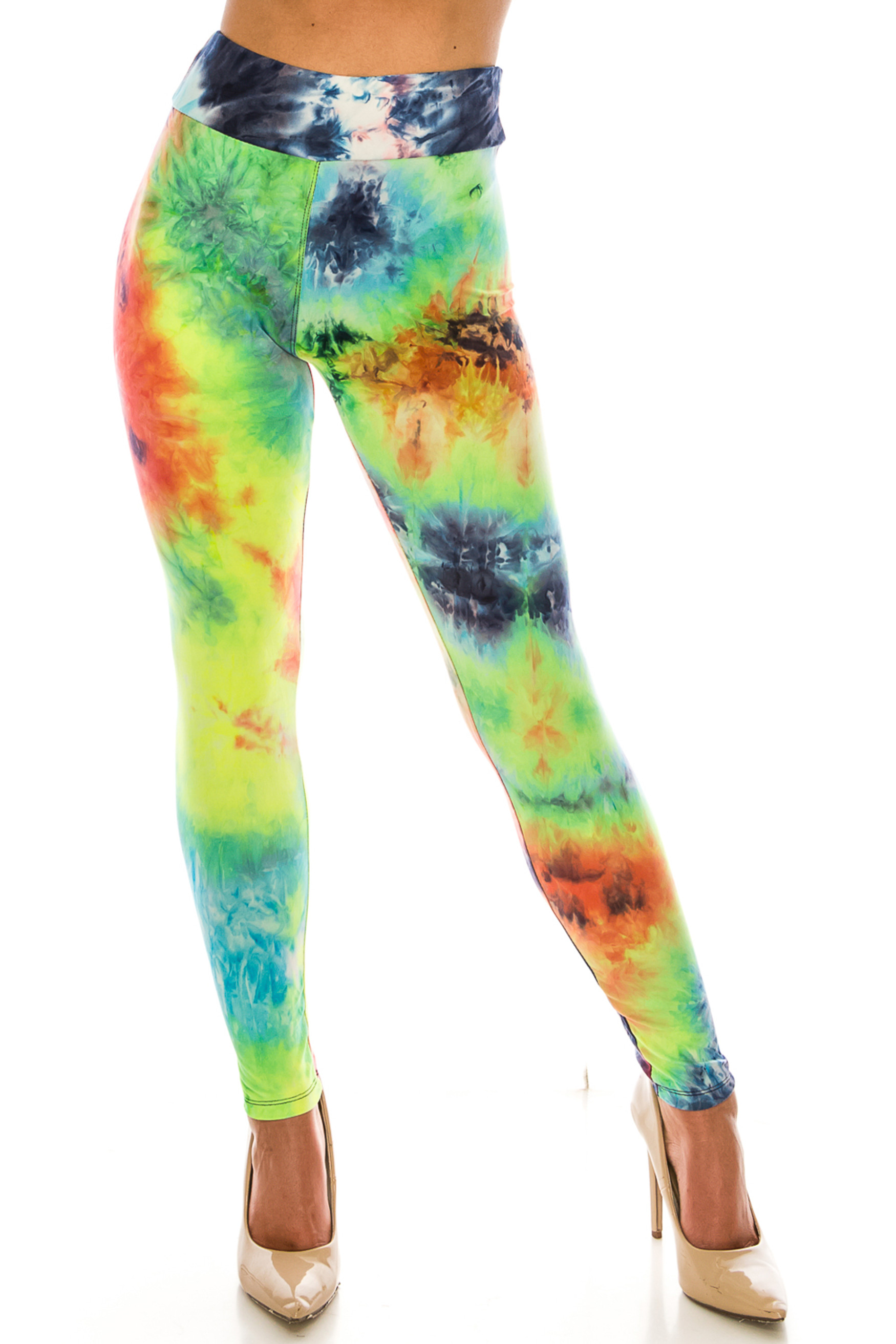 Front side image of Buttery Soft Summer Yellow Tie Dye High Waisted Leggings - Plus Size with a vibrant multi-colored design.
