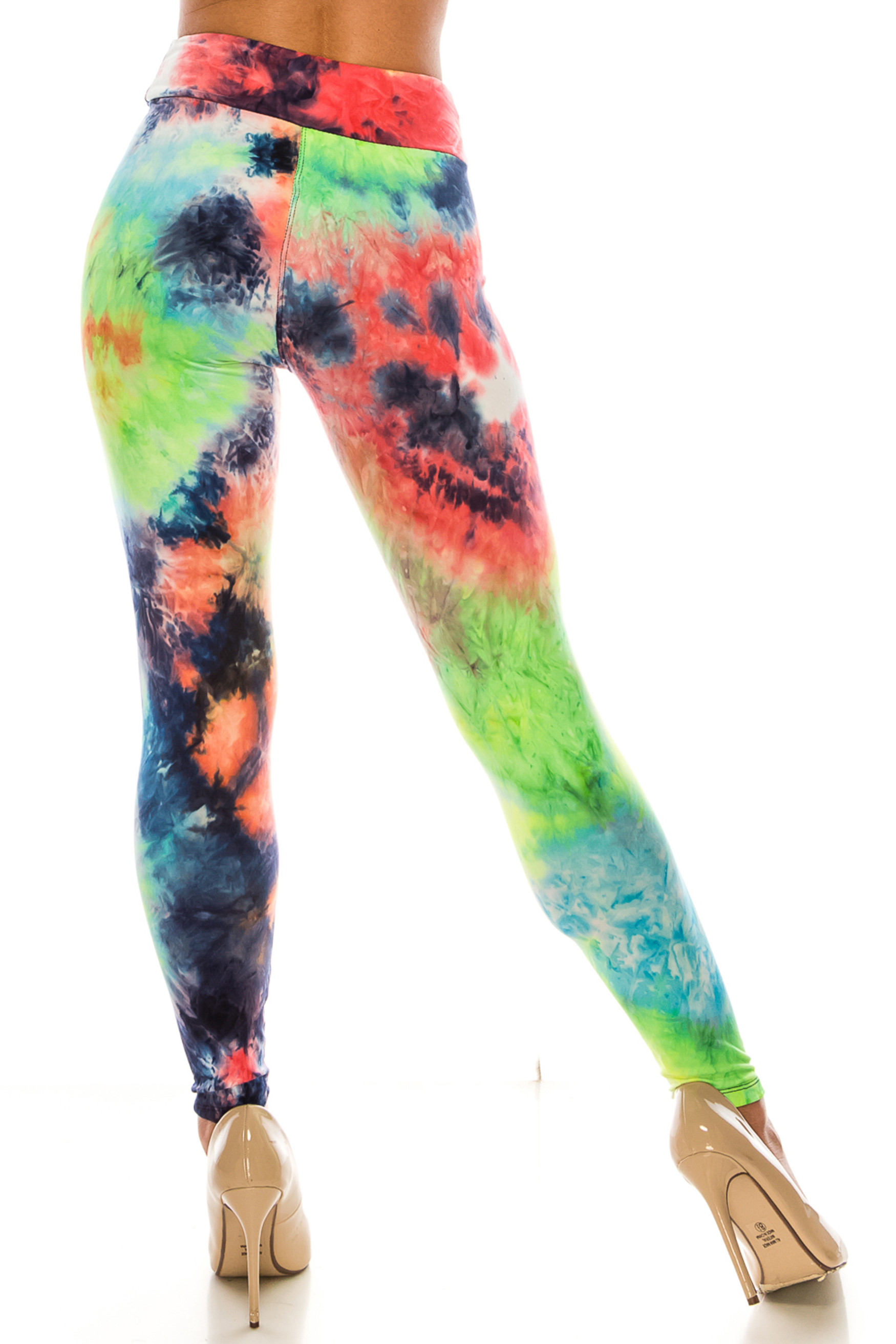 Rear view of Buttery Soft Summer Yellow Tie Dye High Waisted Leggings - Plus Size showing off the fabulous continuation of the rainbow colored design.