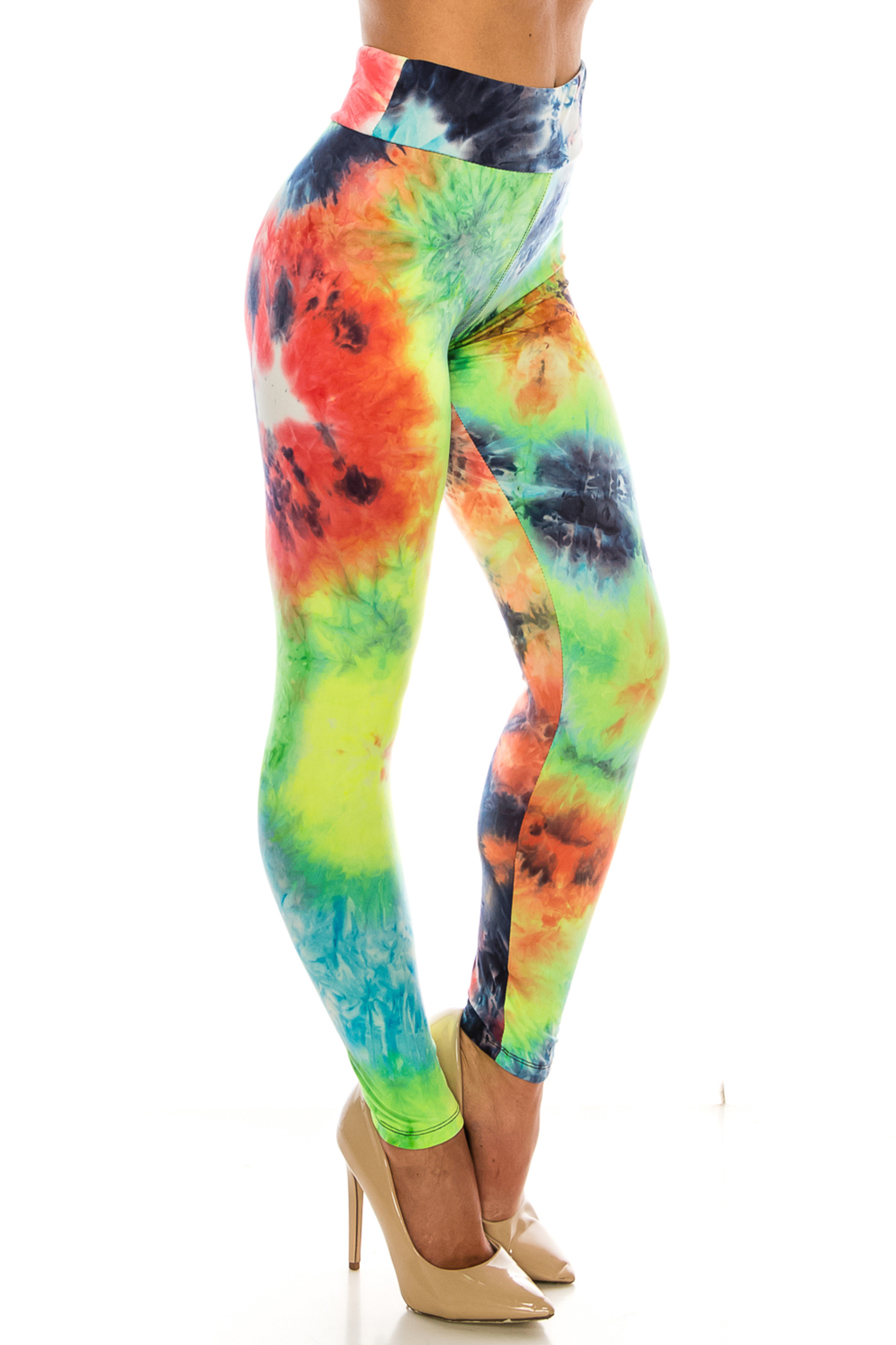 45 degree right side view of Buttery Soft Summer Yellow Tie Dye High Waisted Leggings - Plus Size with a flattering fit and comfort fabric waist.