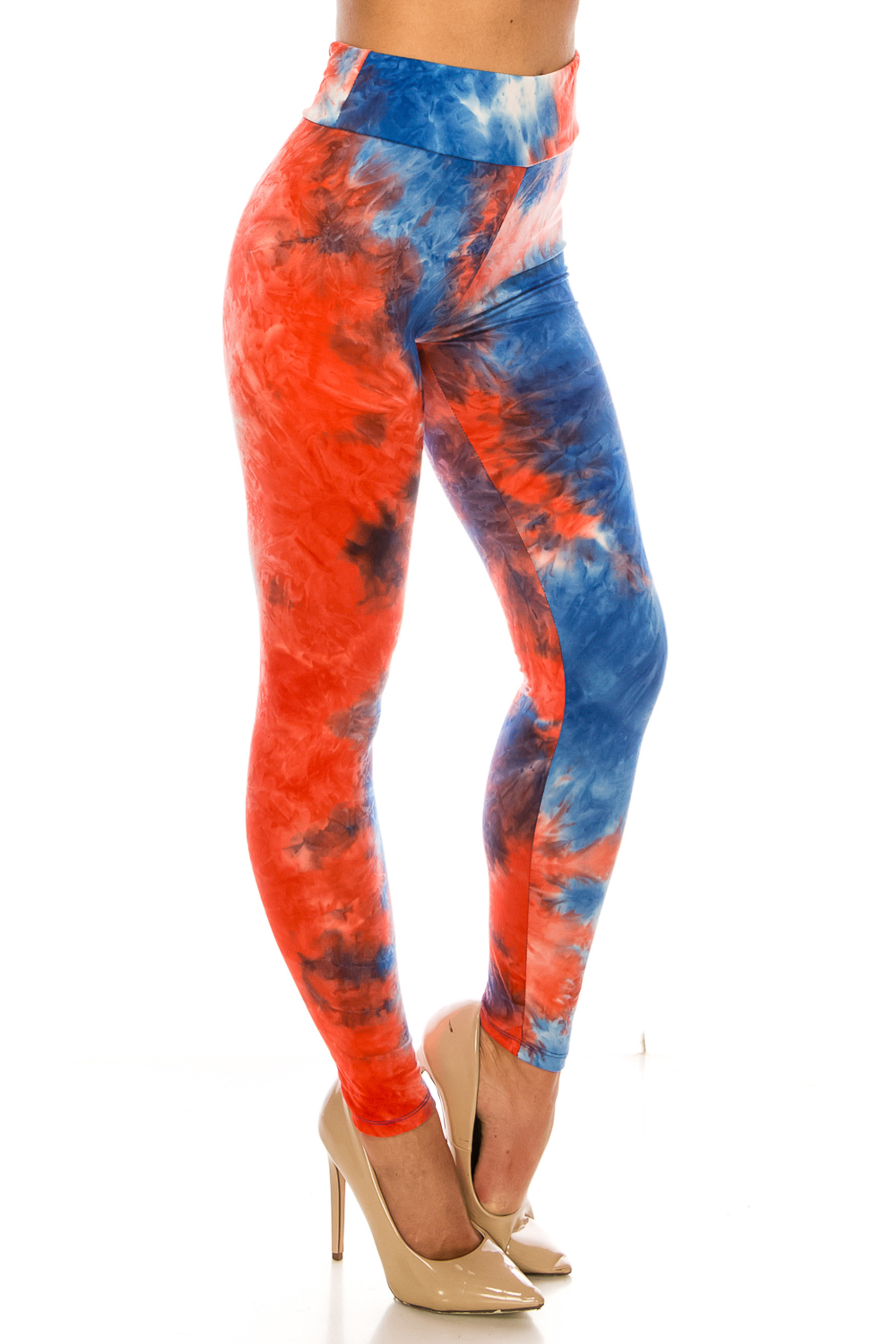 45 degree right side view of Buttery Soft Red and Blue Tie Dye High Waisted Leggings - Plus Size