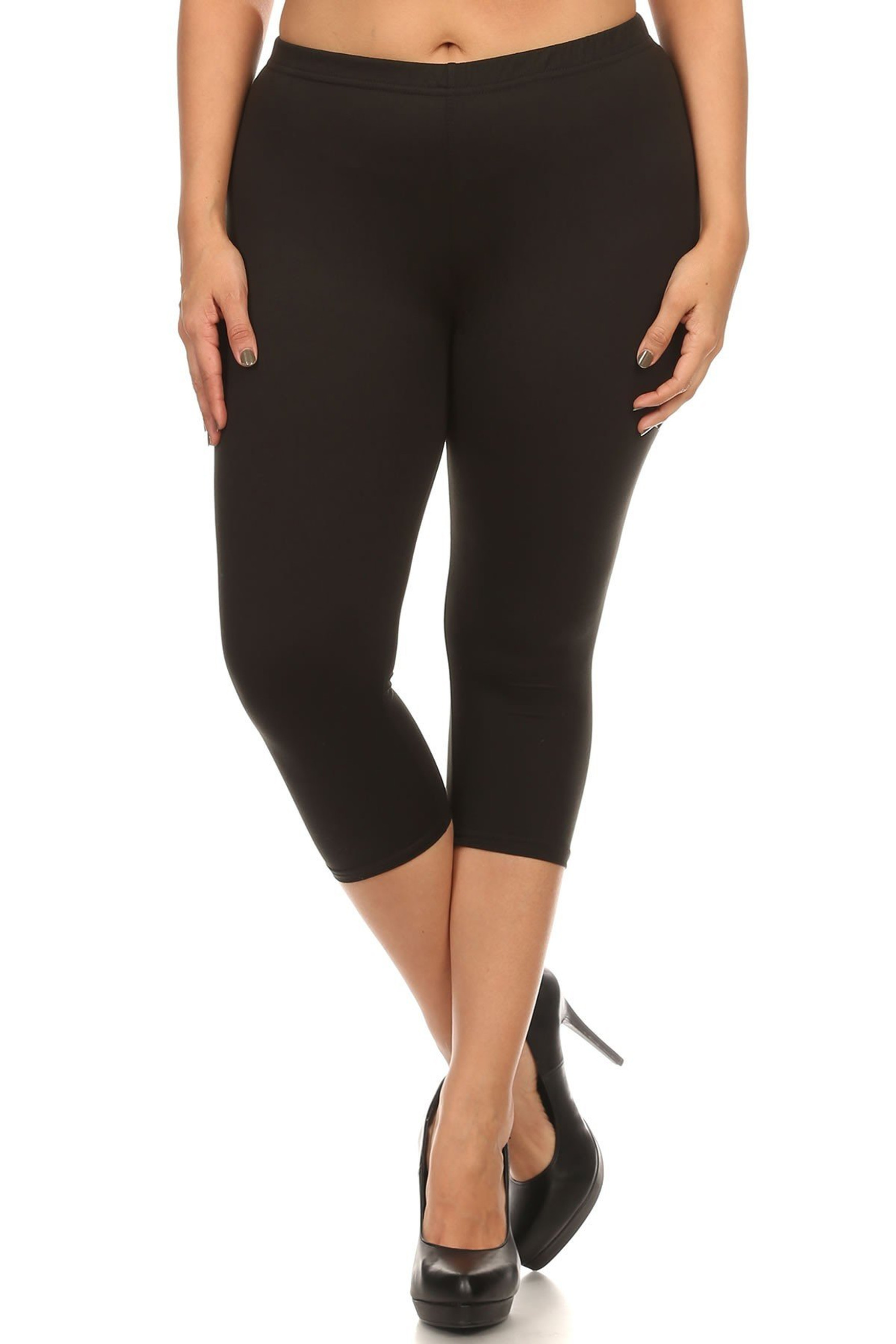 Front side image of Black Buttery Smooth Solid Basic Extra Plus Size Capris - 3X-5X - New Mix