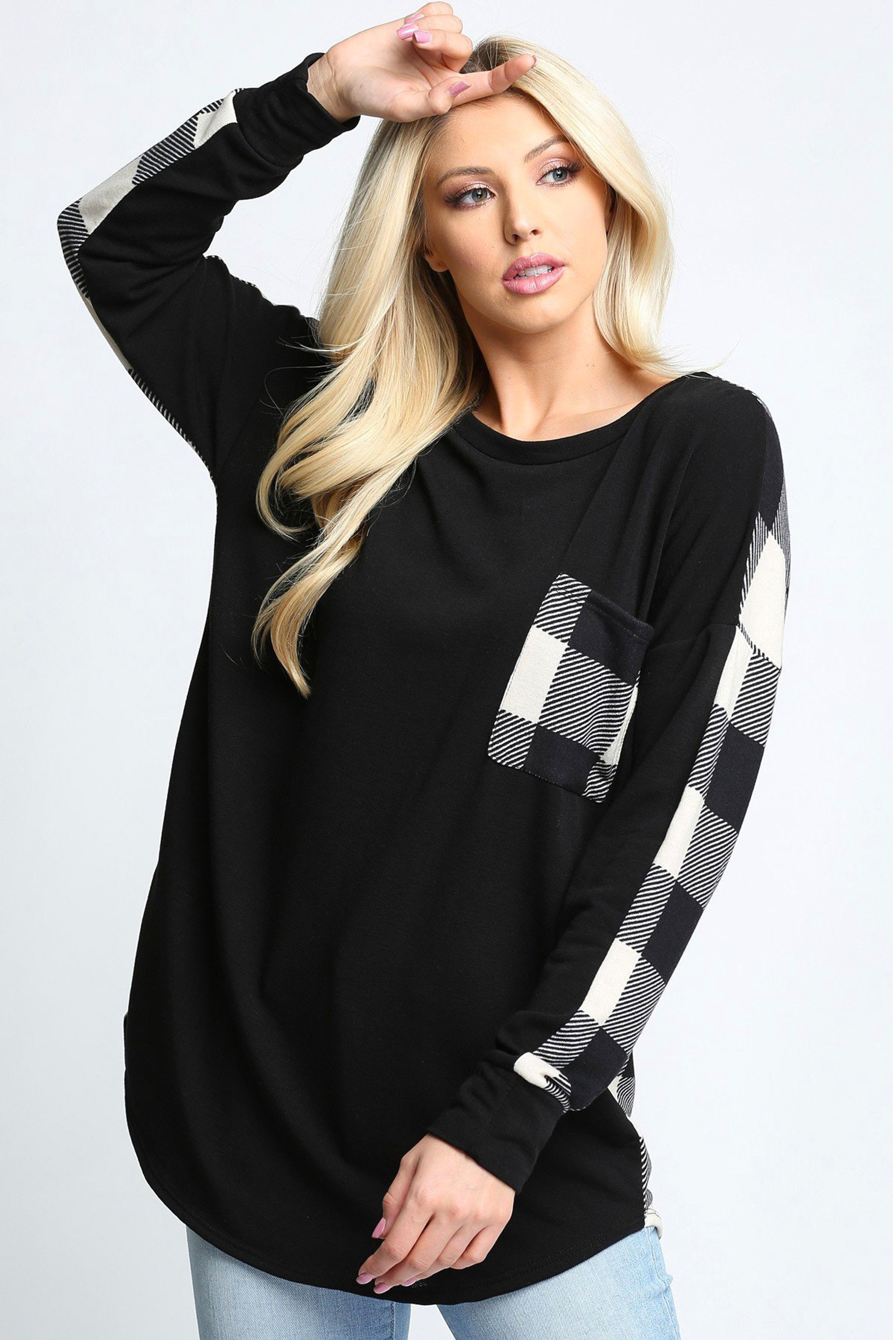 White Plaid Contrast Long Sleeve Plus Size Top with Front Pocket