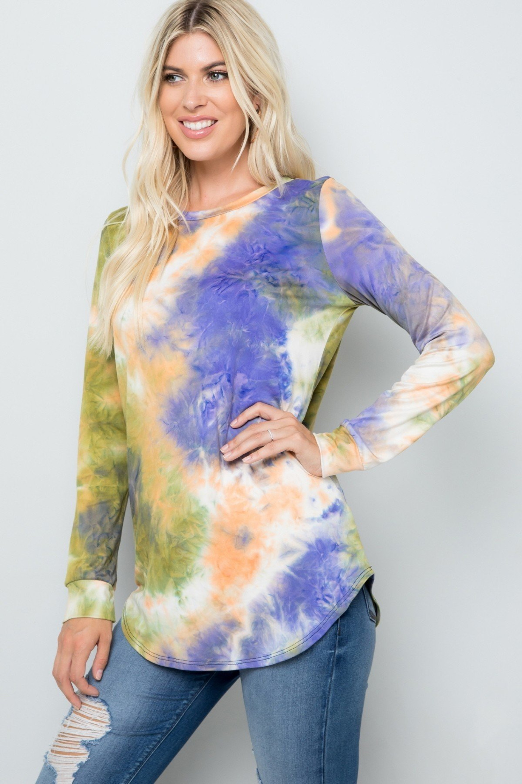 Olive Tie Dye Round Neck Long Sleeve Plus Size Top