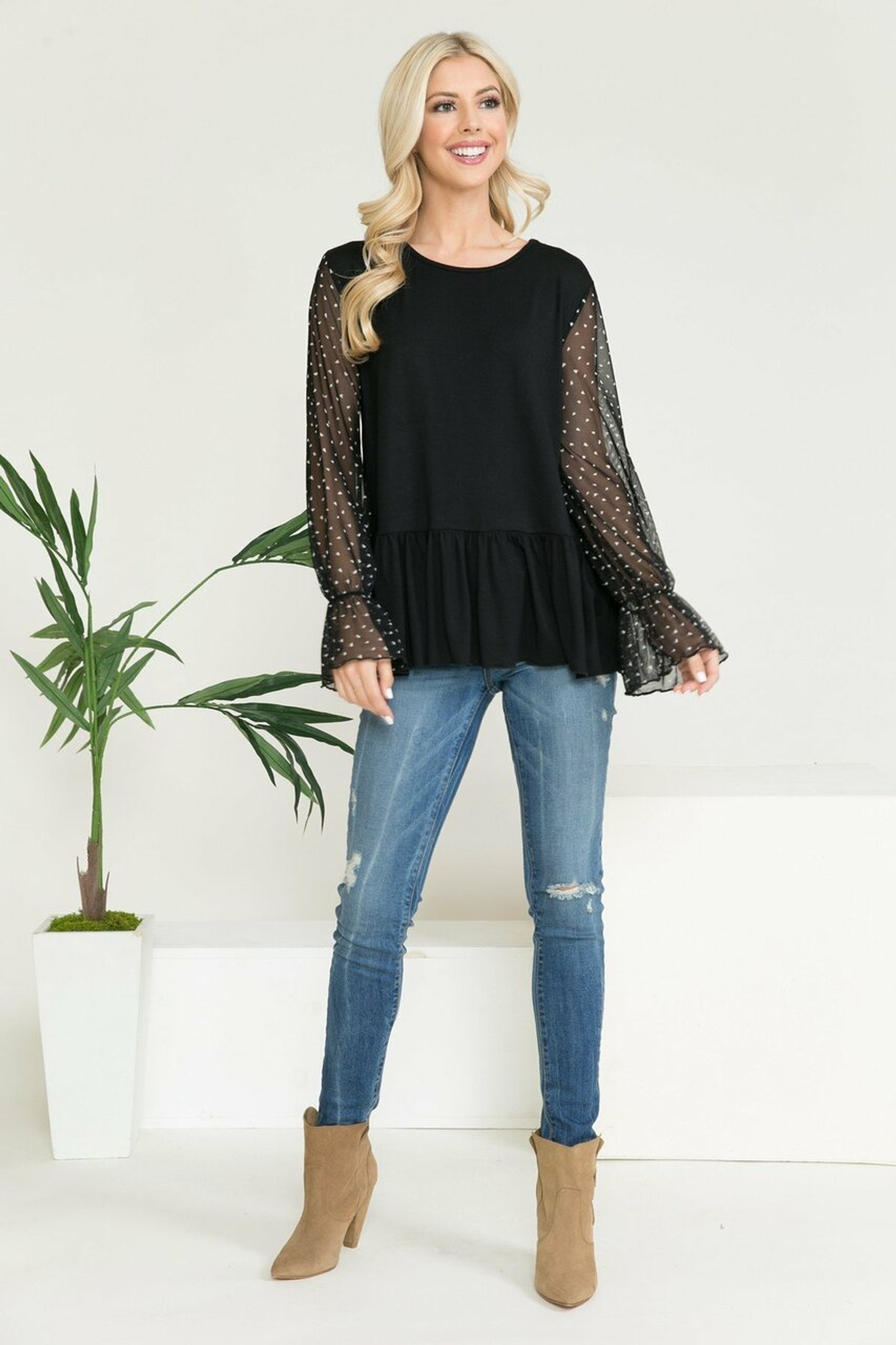 Black Speckled Mesh Sleeve Pleated Hem Bell Cuff Top