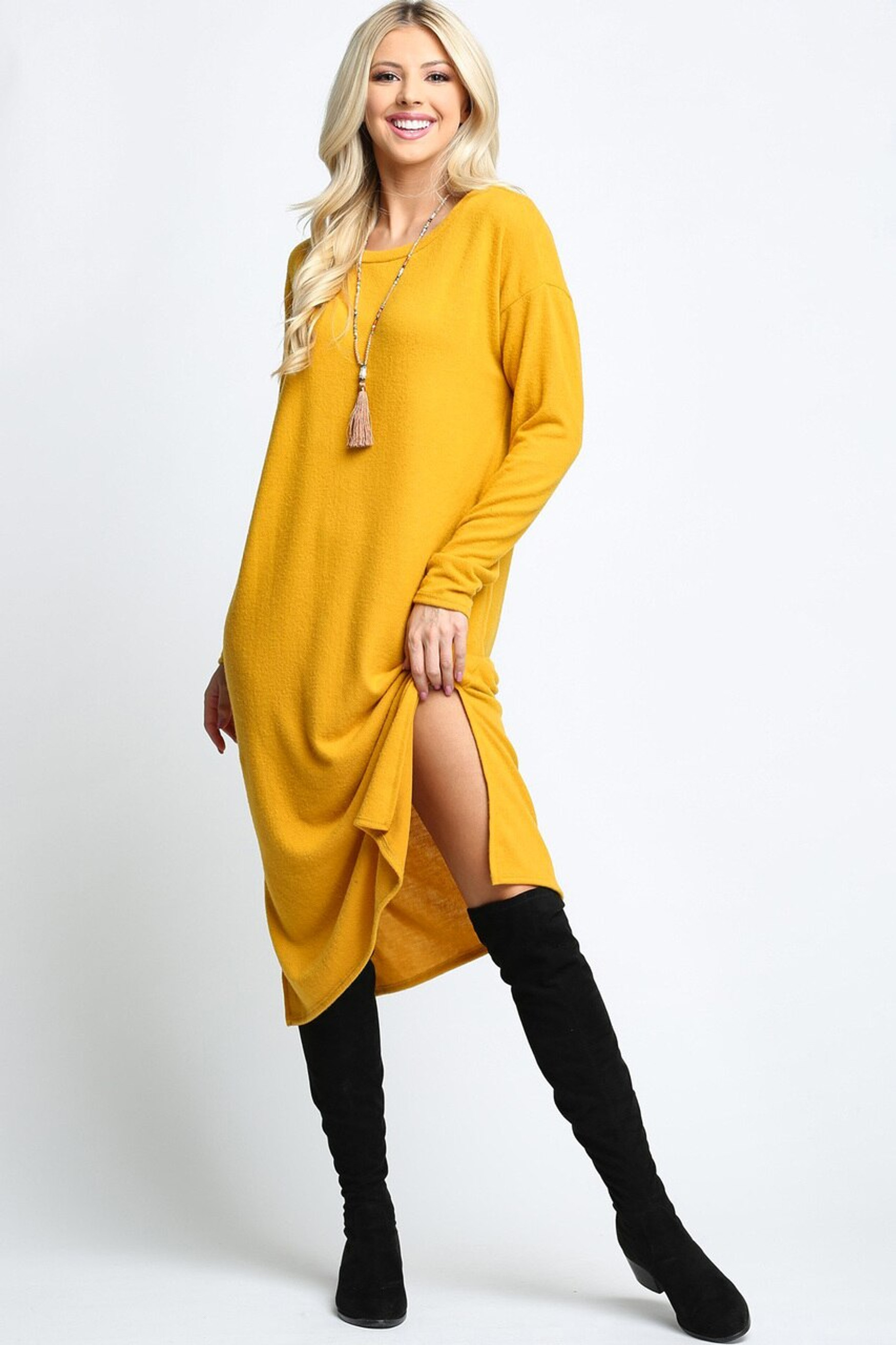Mustard Long Sleeve Side Slit Midi Length Sweater Dress