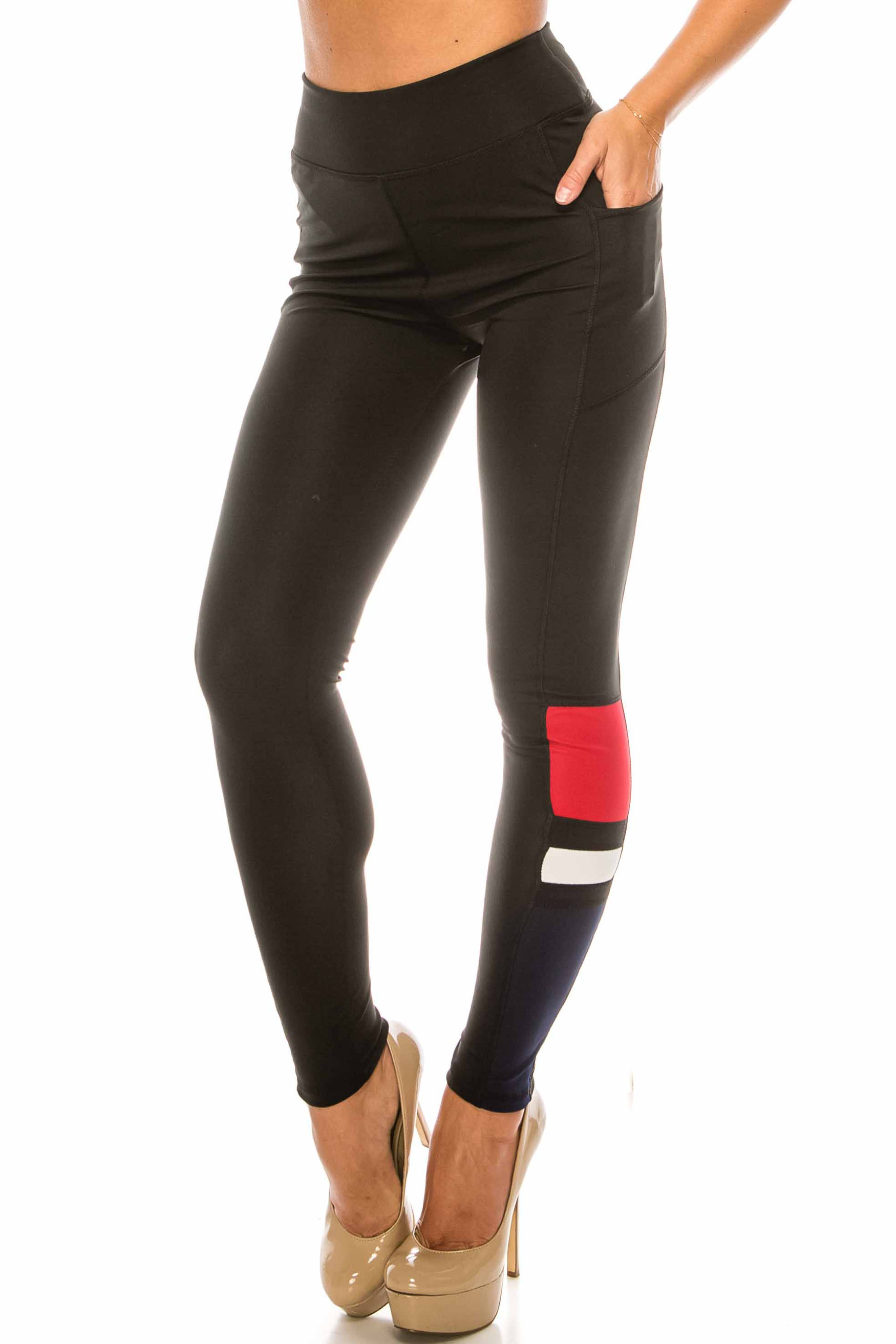 Red Accent High Waisted Workout Leggings with Side Pocket