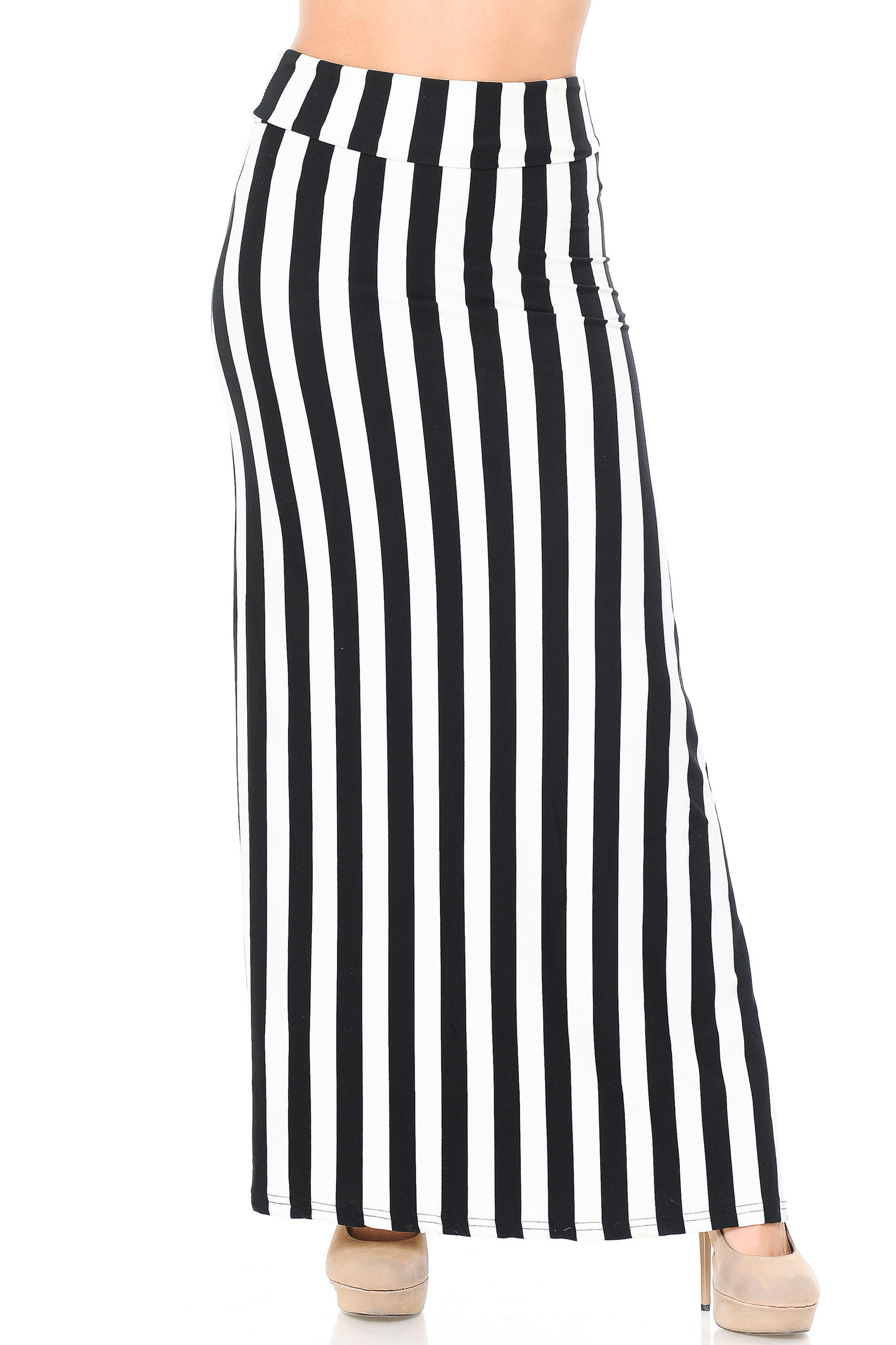 Black and White Wide Stripe Plus Size Buttery Soft Maxi Skirt