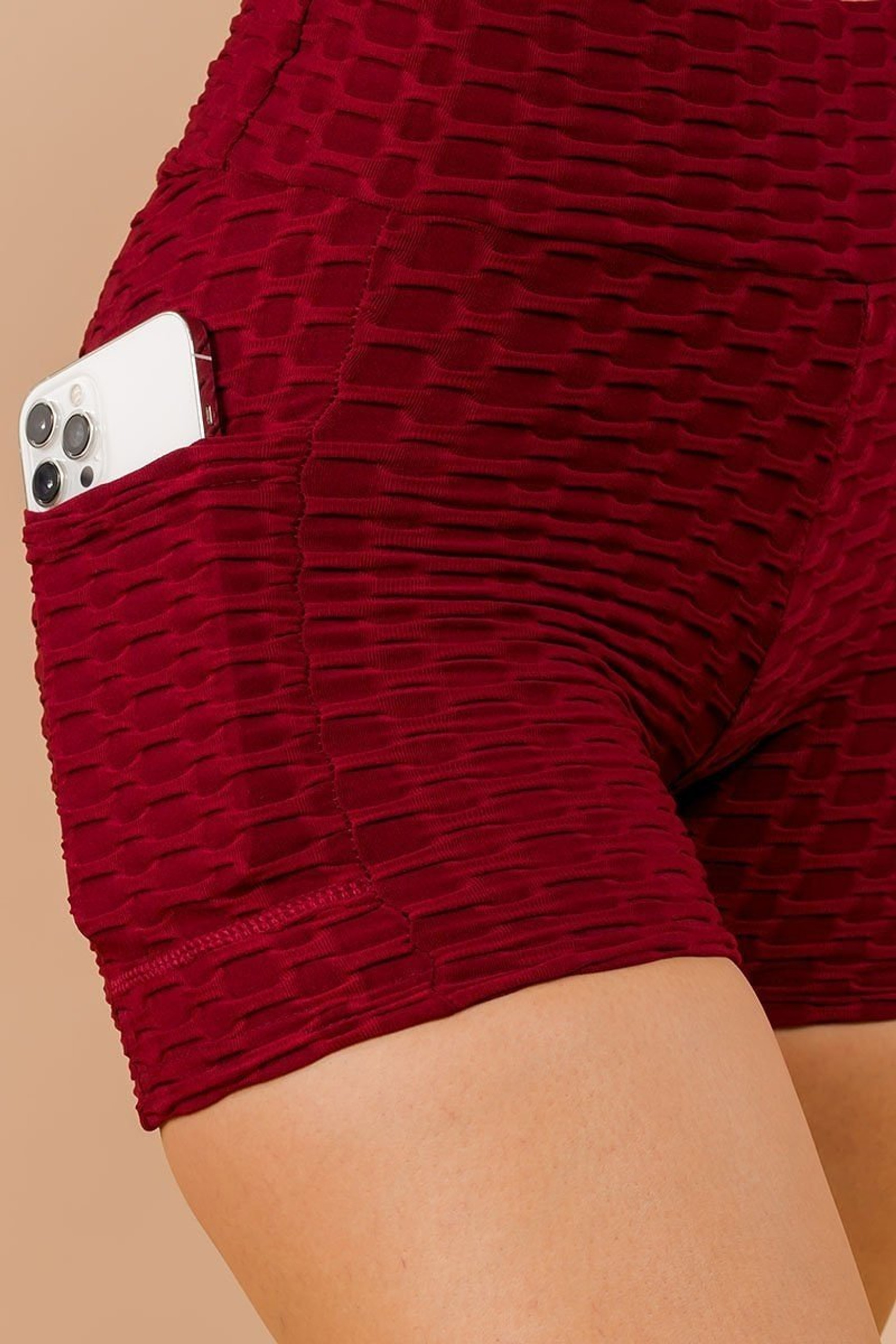 Burgundy Solid Textured Scrunch Butt Sport Shorts with Pockets