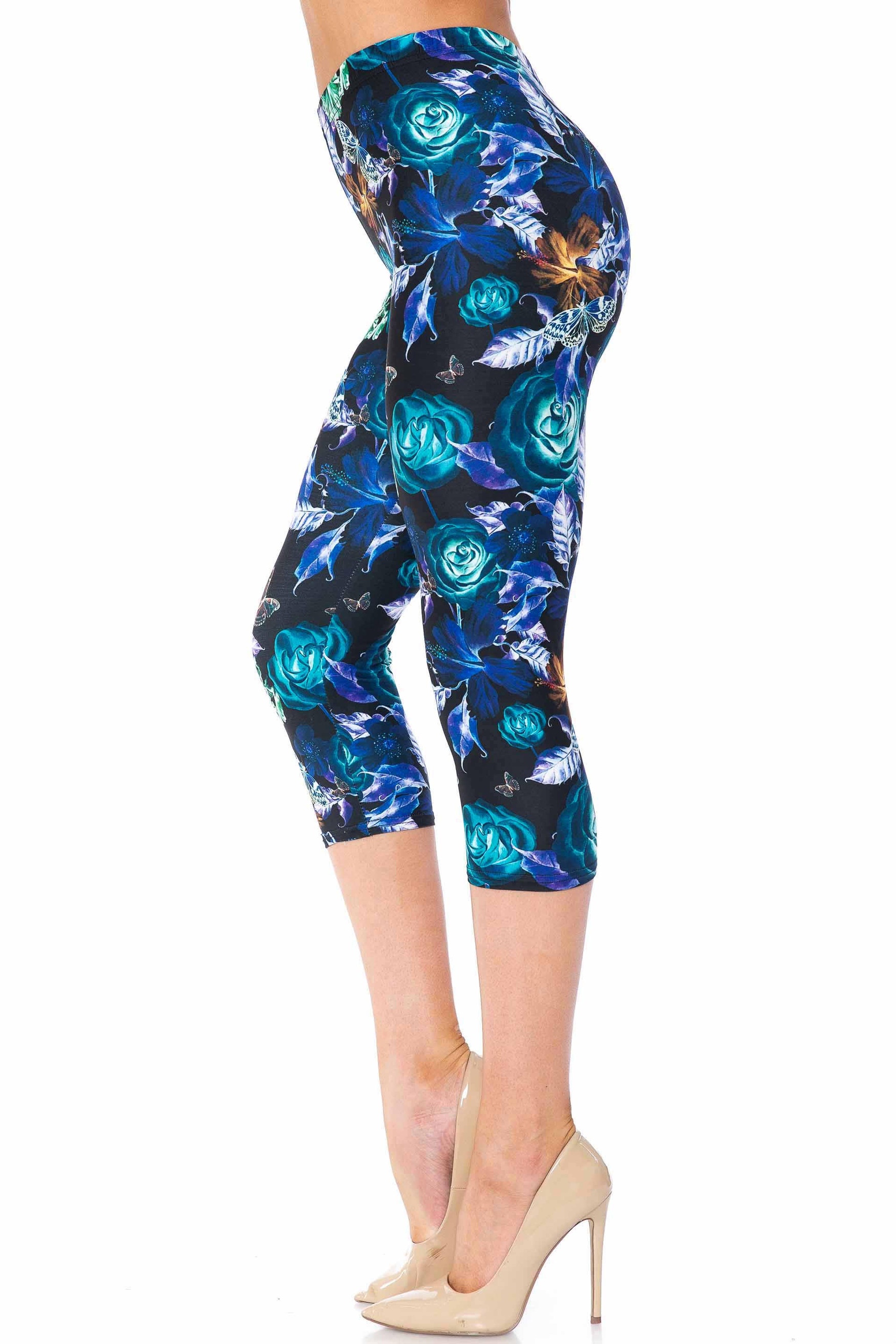 Creamy Soft Electric Blue Floral Butterfly Extra Plus Size Capris - 3X-5X - USA Fashion™