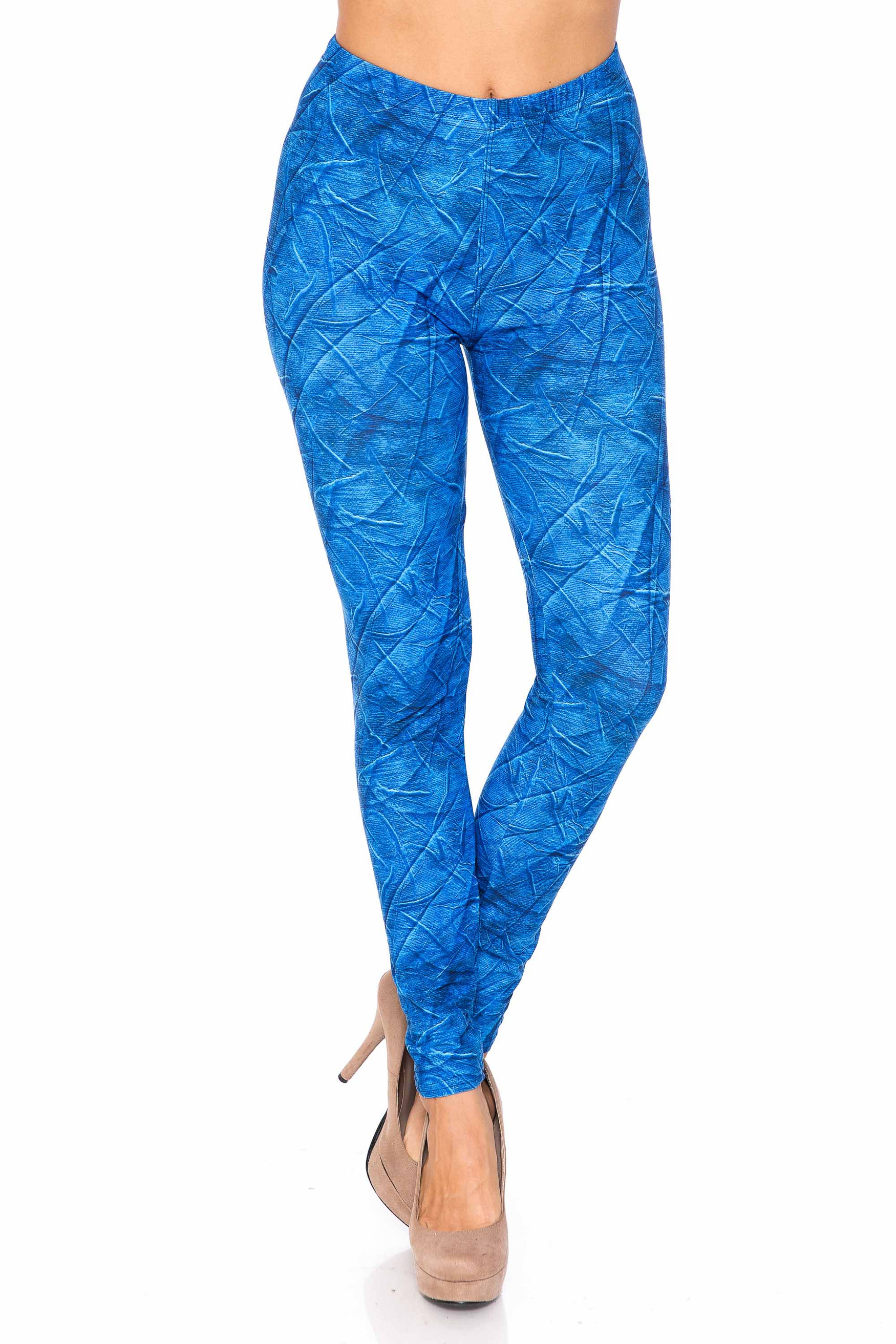 Creamy Blue Wrinkled Denim Plus Size Leggings - USA Fashion™