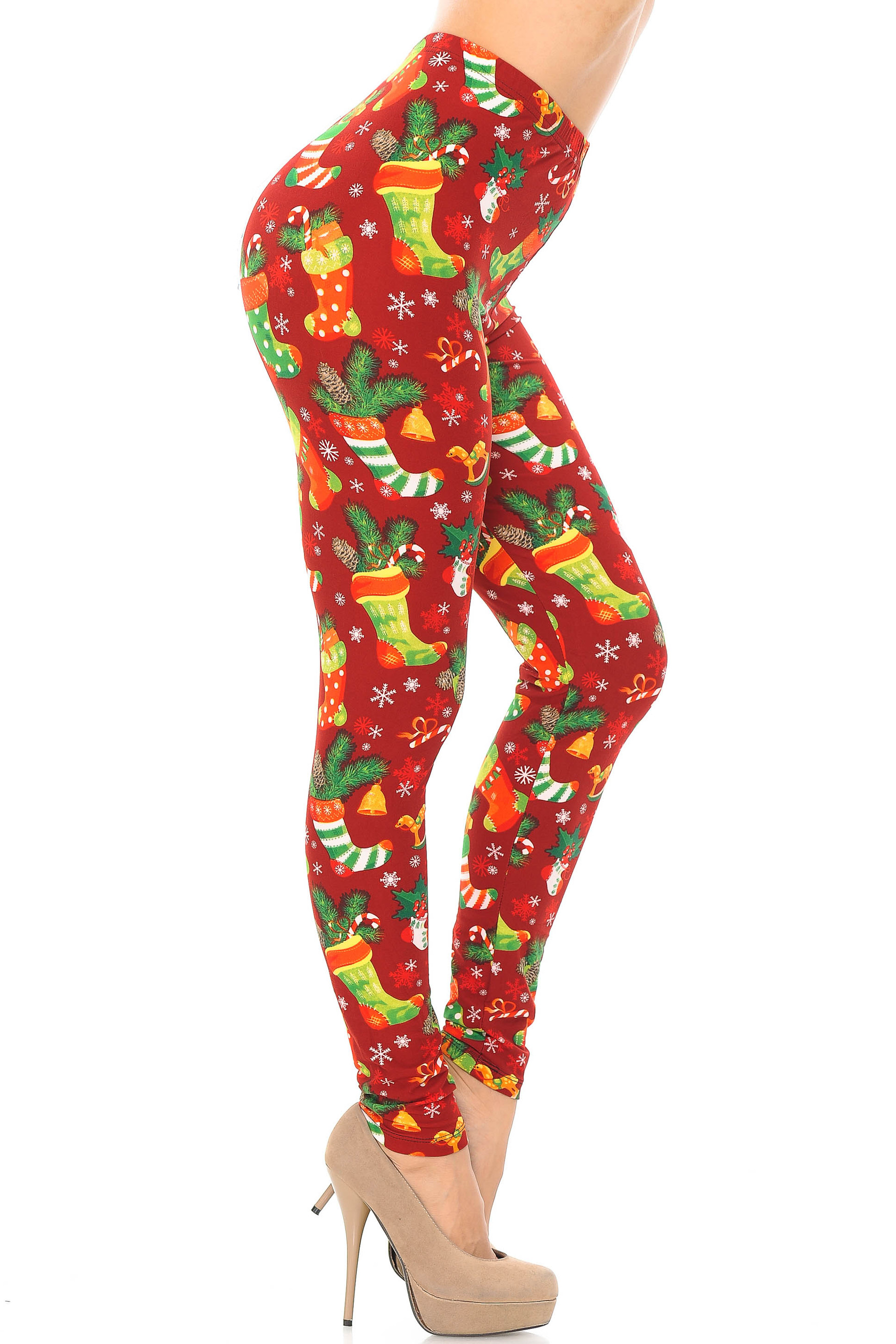 Buttery Soft Ruby Red Christmas Stocking Extra Plus Size Leggings - 3X-5X