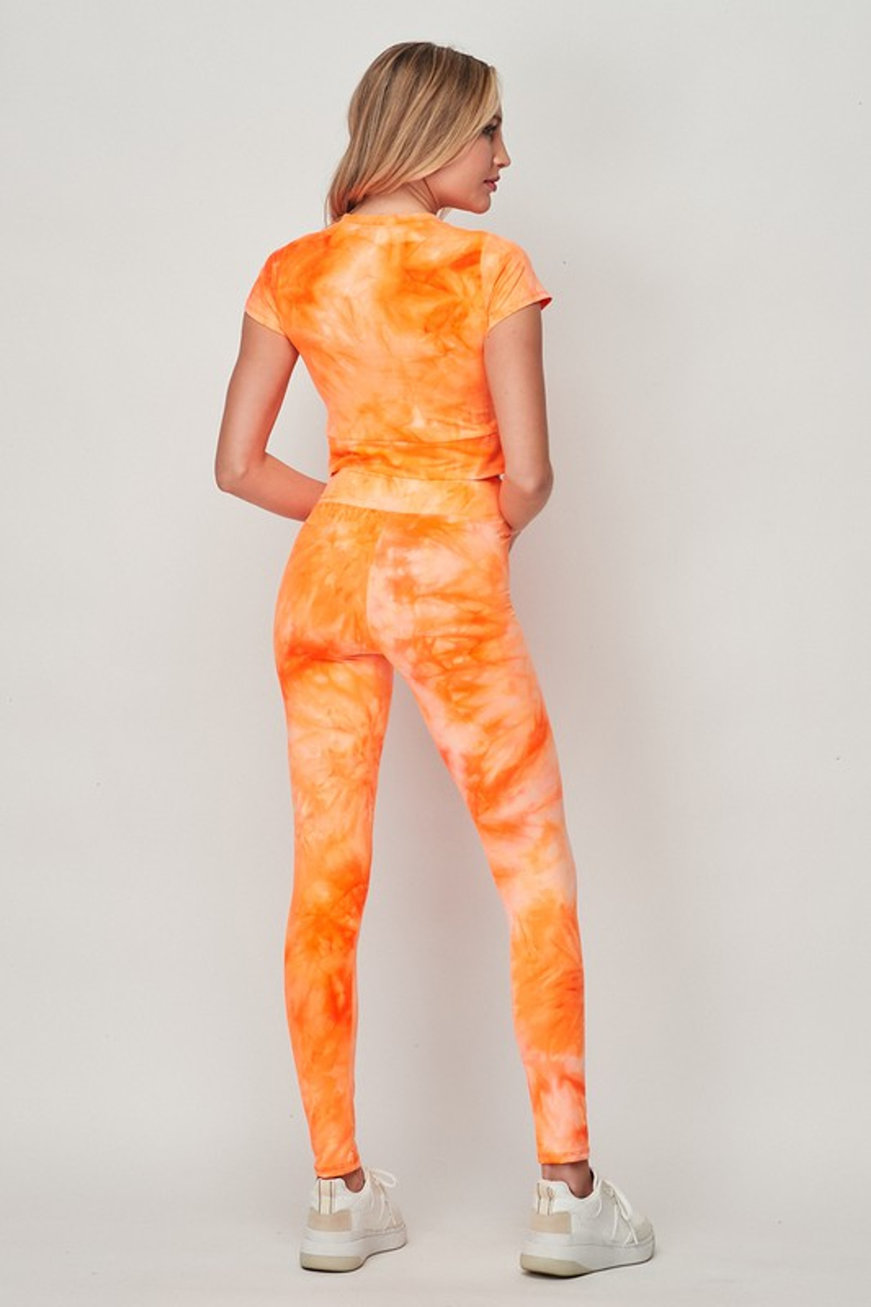 Orange Tie Dye 2 Piece Leggings and Short Sleeve Crop Top Set