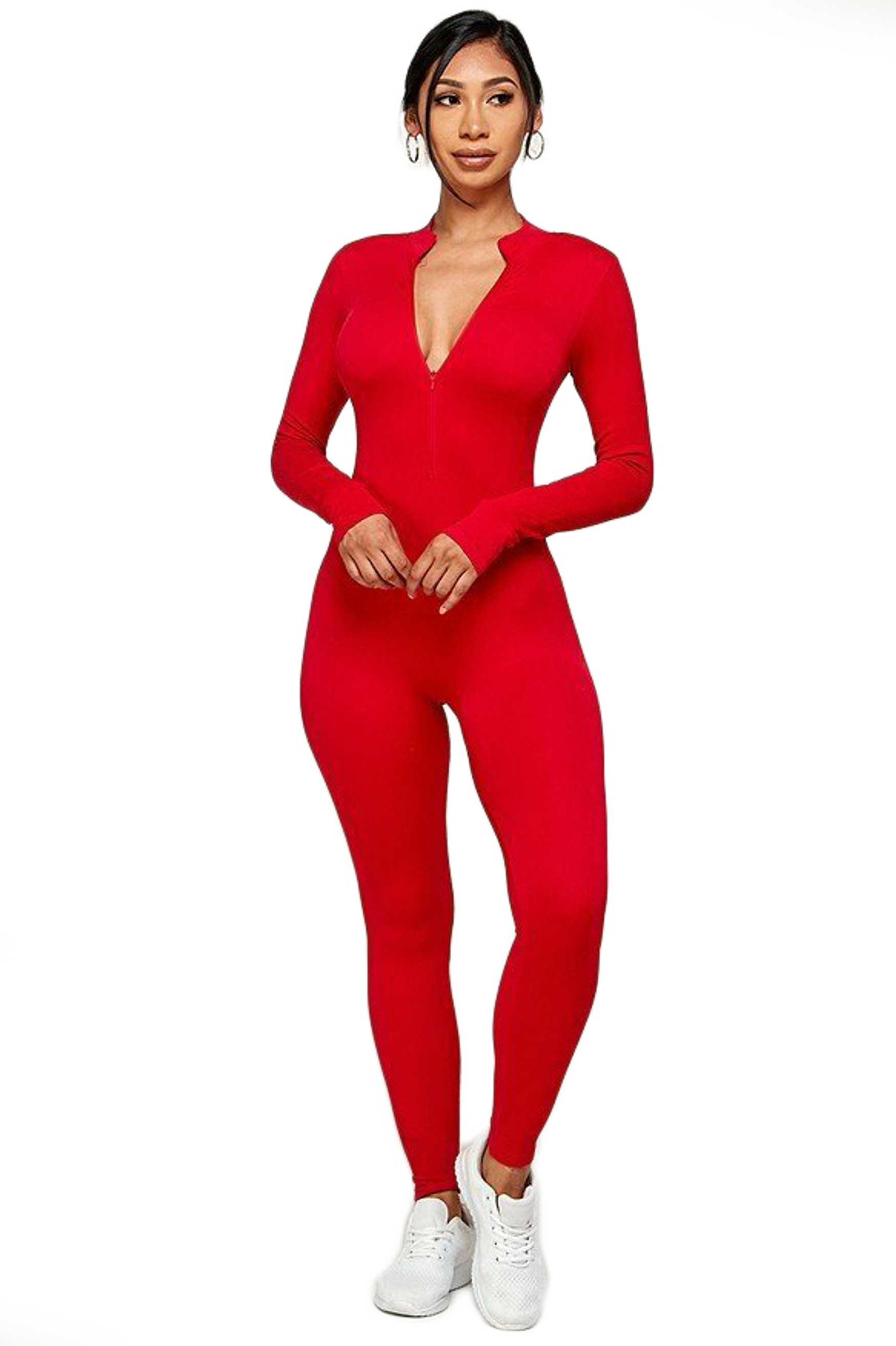 Full Basic Seamless Jumpsuit with Half Center Zip