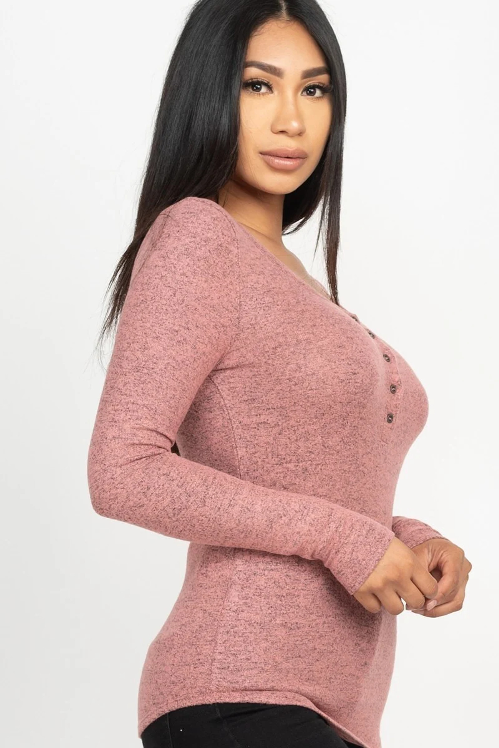 Blossom Two Tone Brushed Knit Long Sleeve Henley Top