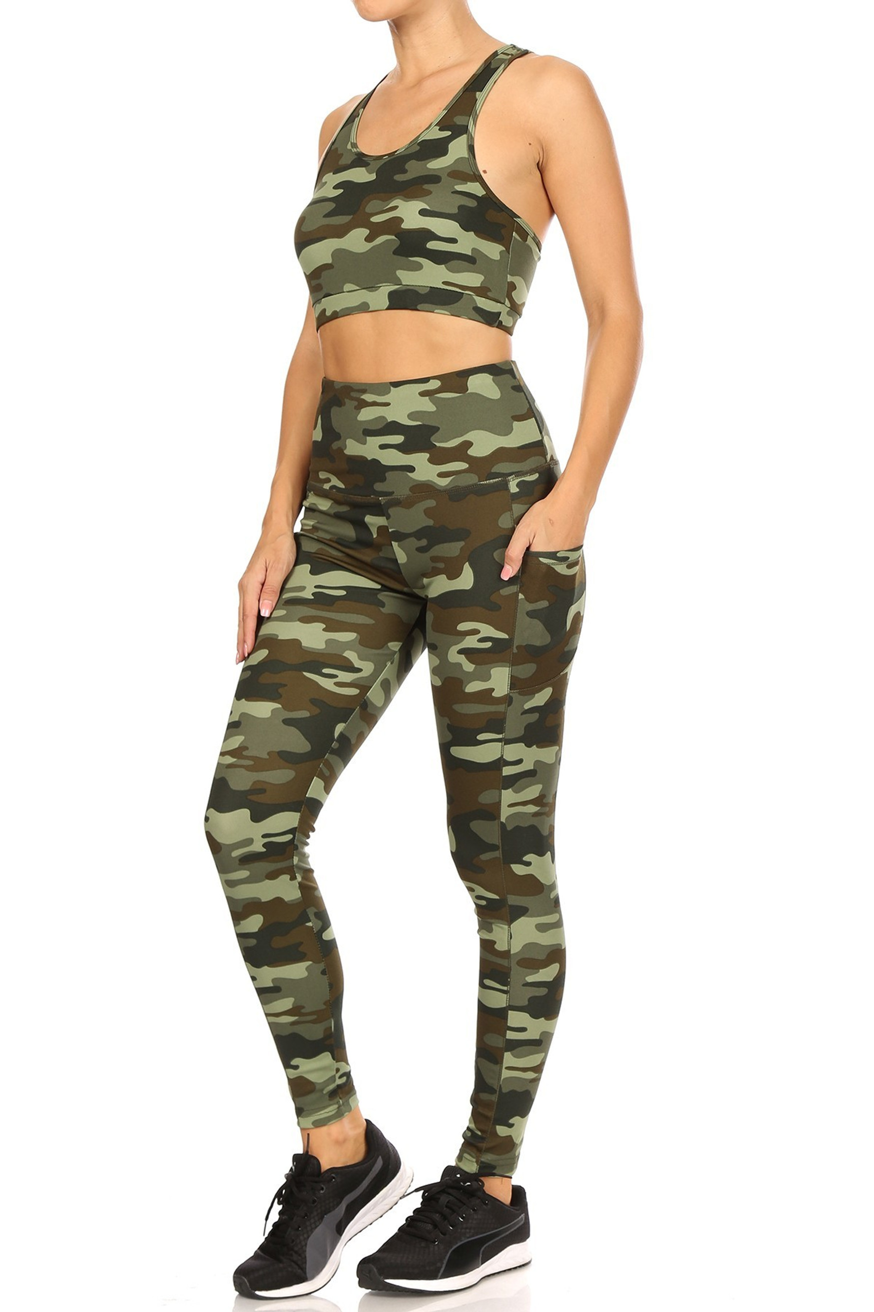 2 Piece Green Camouflage Crop Top and Legging Set