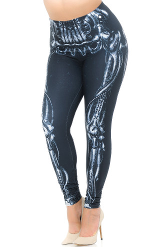 Creamy Soft Black Bio Mechanical Skeleton Plus Size Leggings (Steam Punk) - USA Fashion™