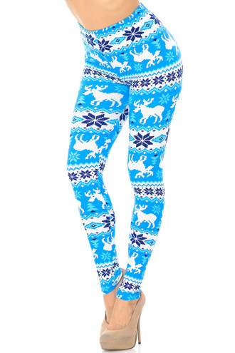 Brushed  Icy Blue Christmas Reindeer Extra Plus Size Leggings - 3X-5X