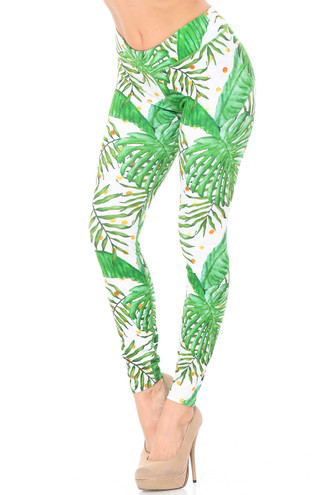 Double Brushed Tropical Green Palm Leaf Leggings - 3 Inch Waistband