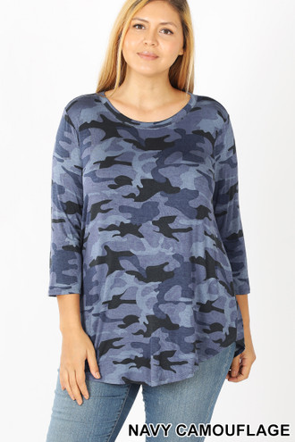 Rayon Camouflage 3/4 Sleeve Round Neck & Hem Plus Size Top