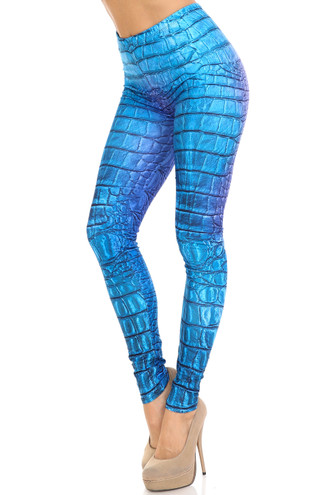 Creamy Soft Vibrant Blue Reptile Extra Plus Size Leggings - 3X-5X - By USA Fashion™