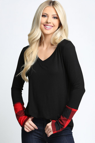 Red Plaid Cuff Solid Contrast V Neck Long Sleeve Top