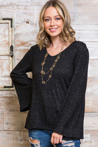 Marled Bell Sleeve V Neck Plus Size Top