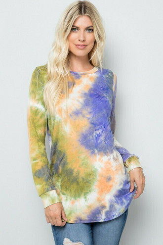 Olive Tie Dye Round Neck Long Sleeve Top