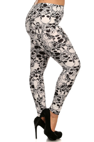 Side Image of  Buttery Soft White Layers of Skulls Plus Size Leggings - 3X-5X