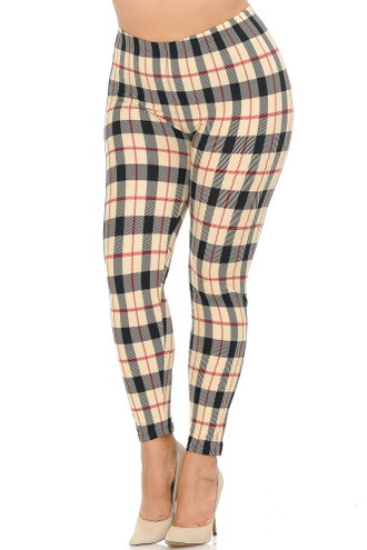 Buttery Soft Beige Holiday Plaid Extra Plus Size Leggings - 3X-5X