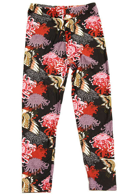 Brushed Japanese Cranes and Chrysanthemums Kids Leggings