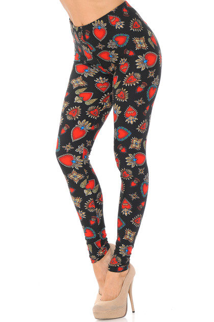 Brushed Jeweled Hearts Extra Plus Size Leggings - 3X-5X