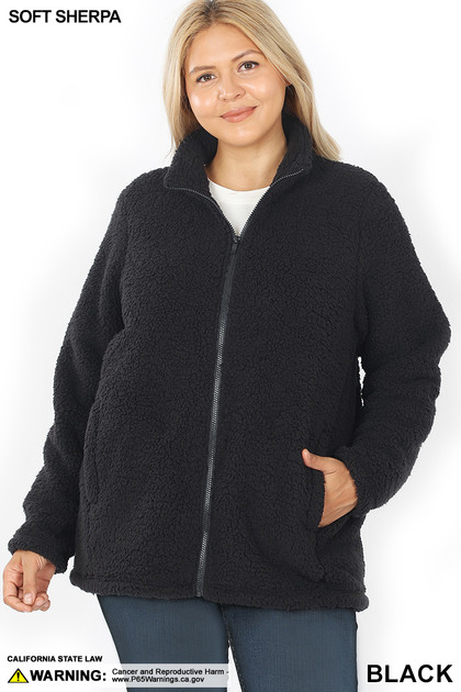 Front image of Black Sherpa Zip Up Plus Size Jacket with Side Pockets