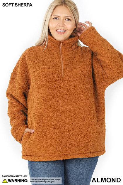 Front of Almond Sherpa Half Zip Plus Size Pullover with Side Pockets