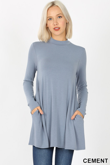Front image of Cement Long Sleeve Mock Neck Top with Pockets