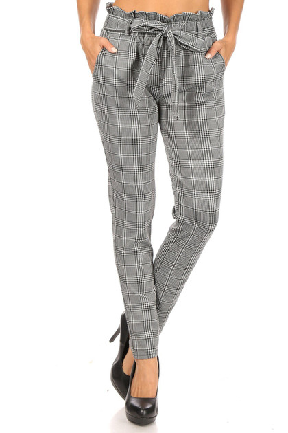 Houndstooth Plaid High Waisted Paper Bag Tie Front Pants