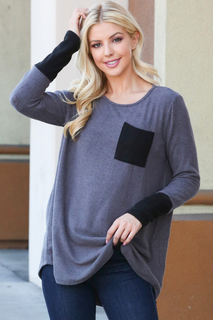 Grey Contrast Cuff Long Sleeve Top with Front Pocket
