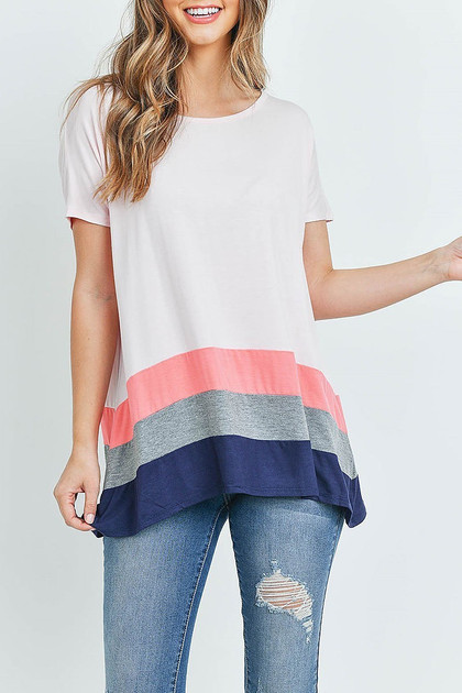 Striped Color Block Hem Short Sleeve Tunic