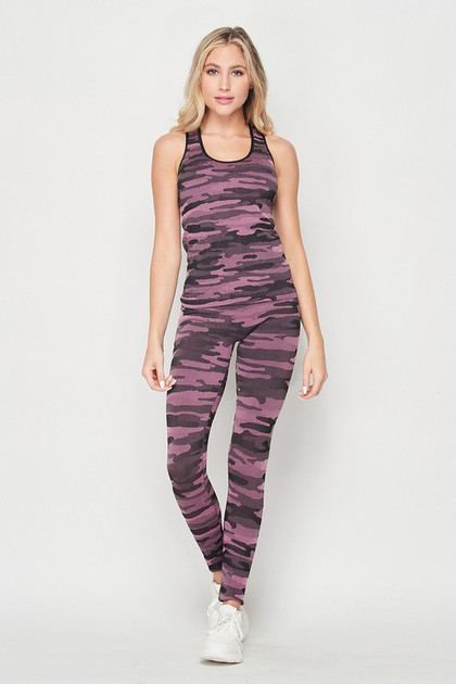 2 Piece Seamless Pink Camouflage Tank Top and Legging Set