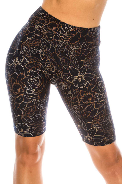 Black Floral Stencil Biker Shorts - 3 Inch Waist Band